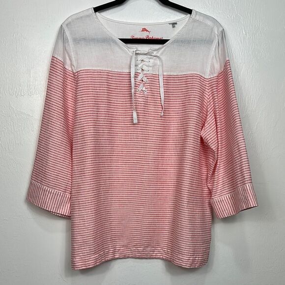 Tommy Bahama Crystalline Waters Lace-Up Linen Top Pink Striped Size XL - Picture 3 of 9